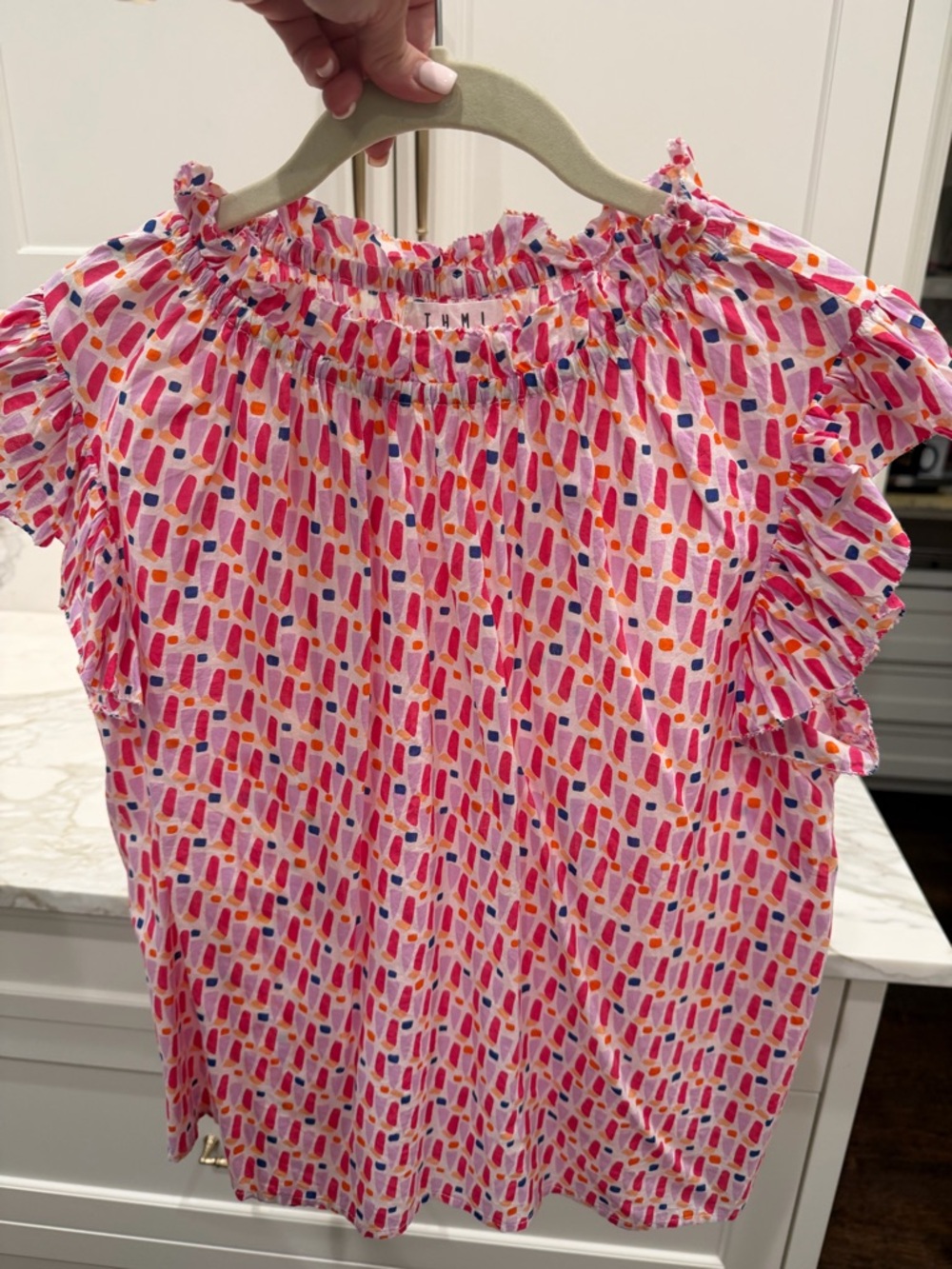 THML Pink Multicolor Ruffle-Neck Printed Blouse